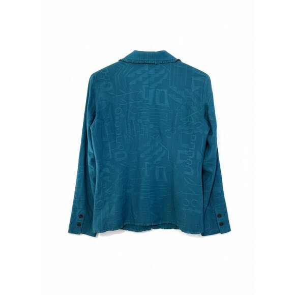 Chicos Turquoise Silk Linen Blend Jacket w Geometric Pattern Sz 1 (Sz 8) Sheer - Picture 3 of 4